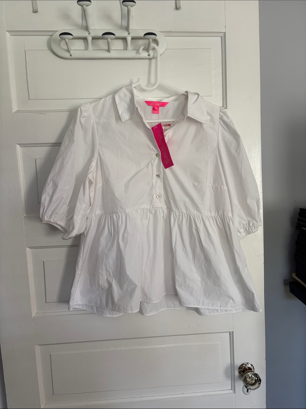 Lilly Pulitzer White Puff Sleeve Peplum Blouse by